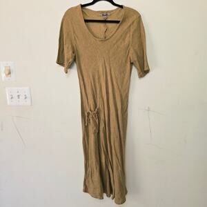 Flax Fit and Flare Midi Brown Linen Short Sleeves Dress Women's Size M